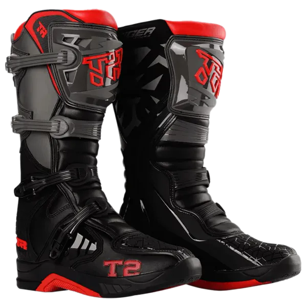 Tiger T2 KID MX-st&oslash;vel med 4 klyper for barn, Gr&aring;/R&oslash;d/Svart