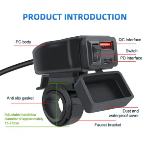 Hovedbilde Vanntett Dual-USB QC3 48W Hurtilader 2x USB (A og C) for MC, ATV, B&aring;t ...